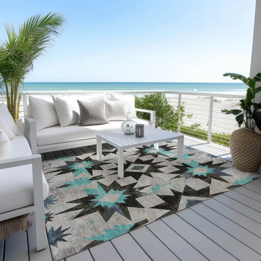 Black And Pale Aqua Aztec Washable Indoor Outdoor Area Rug Photo 5