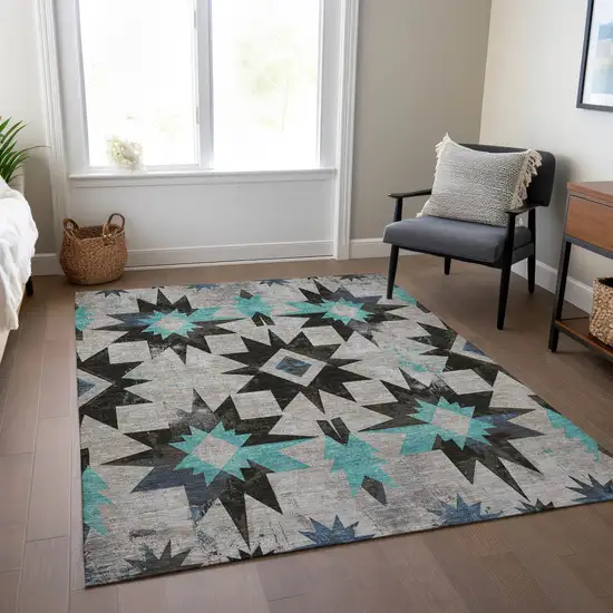 Black And Pale Aqua Aztec Washable Indoor Outdoor Area Rug Photo 7