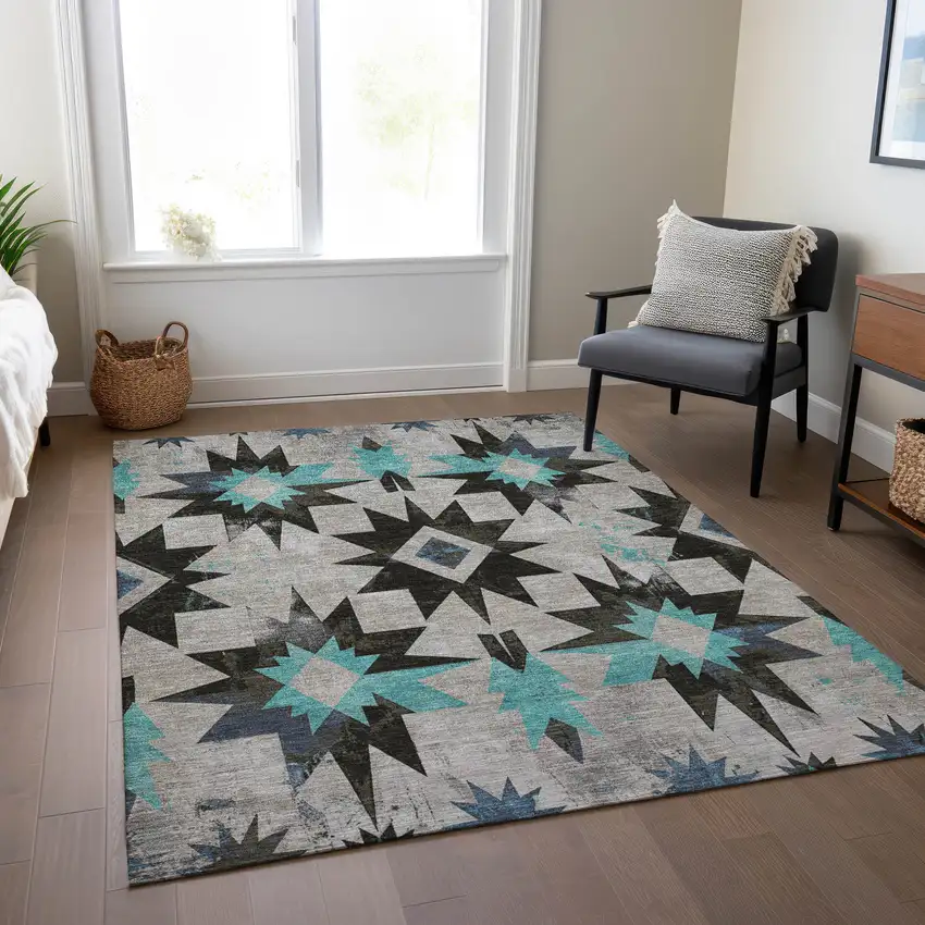 Black And Pale Aqua Aztec Washable Indoor Outdoor Area Rug Photo 7