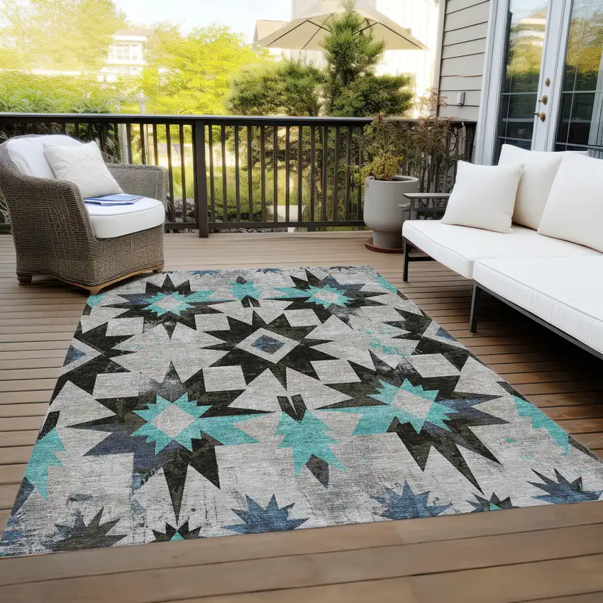 Black And Pale Aqua Aztec Washable Indoor Outdoor Area Rug Photo 8