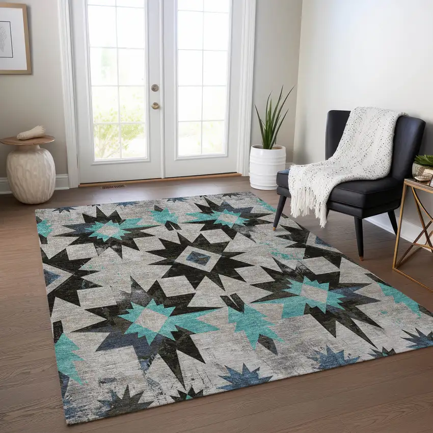 Black And Pale Aqua Aztec Washable Indoor Outdoor Area Rug Photo 6