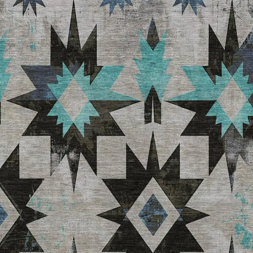 Black And Pale Aqua Aztec Washable Indoor Outdoor Area Rug Photo 3