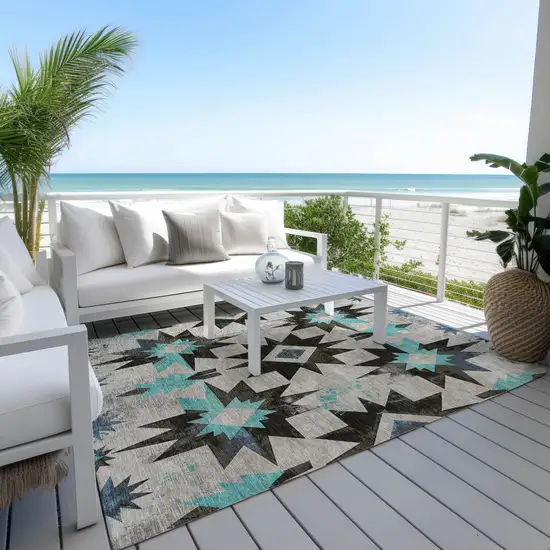 Black And Pale Aqua Aztec Washable Indoor Outdoor Area Rug Photo 5