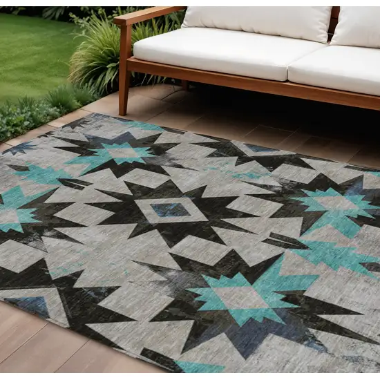 Black And Pale Aqua Aztec Washable Indoor Outdoor Area Rug Photo 2