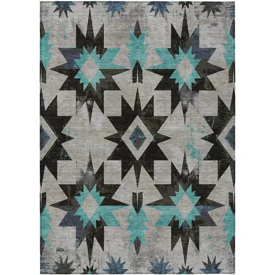Black And Pale Aqua Aztec Washable Indoor Outdoor Area Rug Photo 1