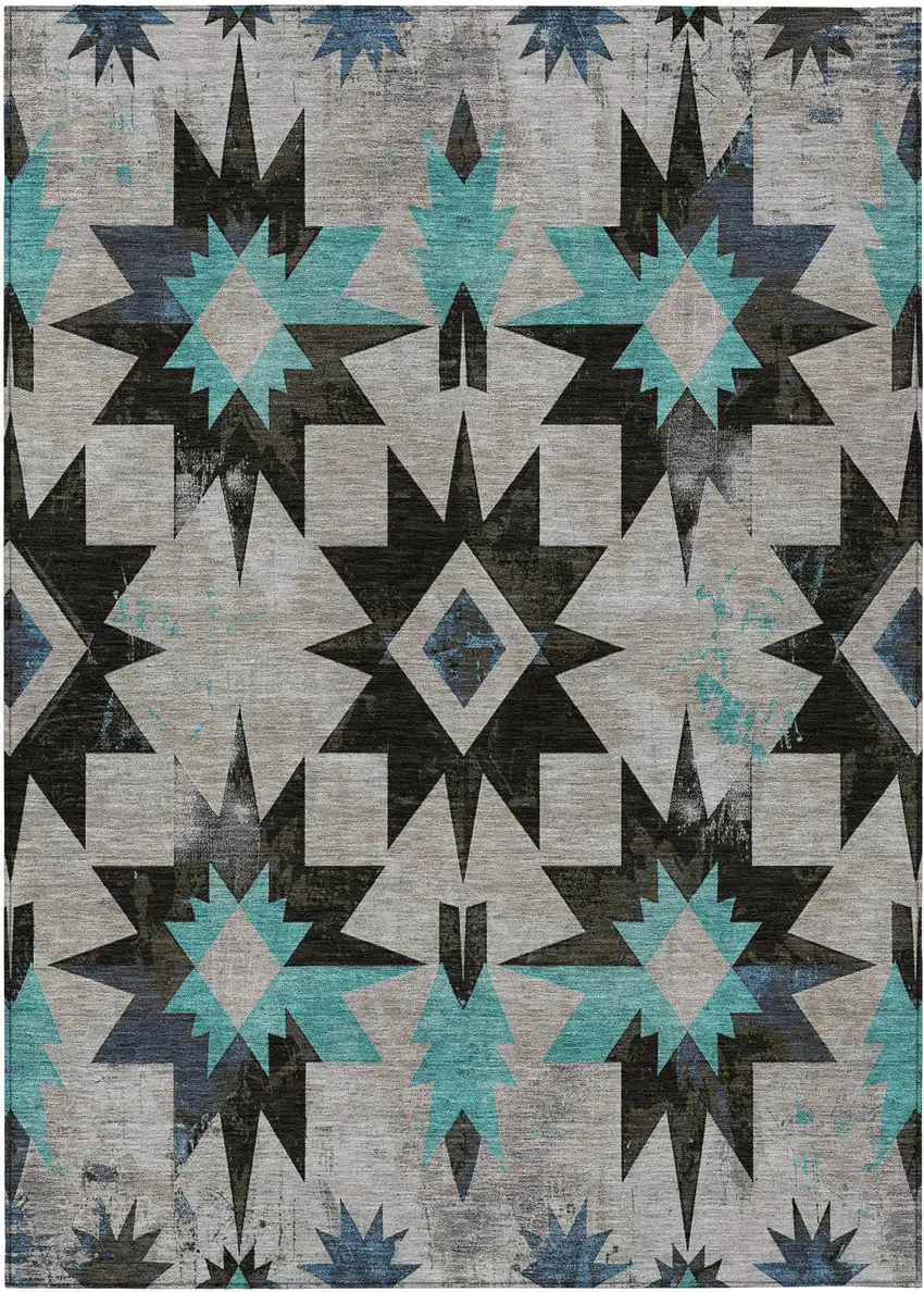 Black And Pale Aqua Aztec Washable Indoor Outdoor Area Rug Photo 1
