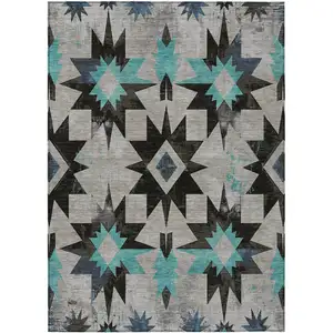 Photo of Black And Pale Aqua Aztec Washable Indoor Outdoor Area Rug