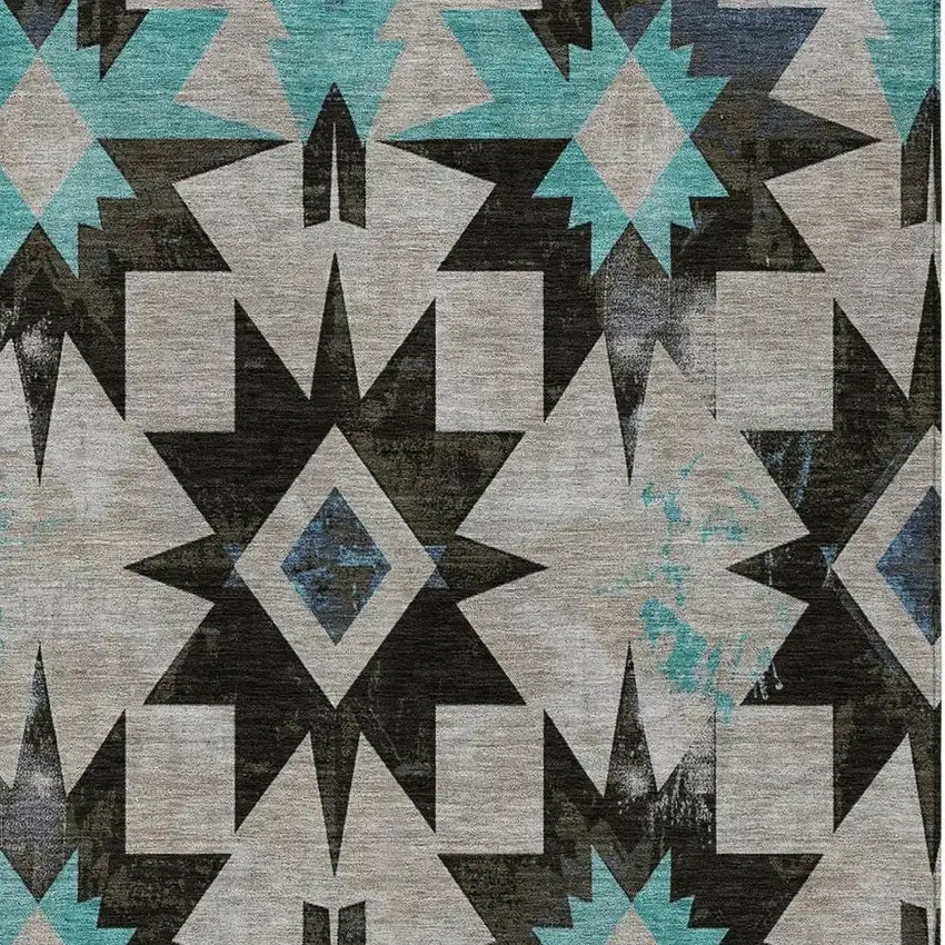 Black And Pale Aqua Aztec Washable Indoor Outdoor Area Rug Photo 3