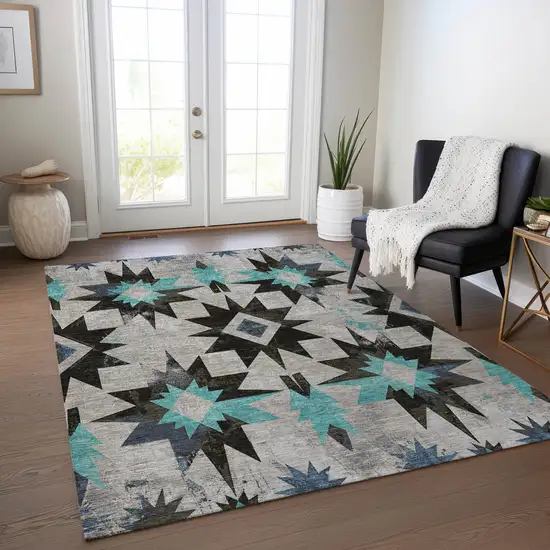 Black And Pale Aqua Aztec Washable Indoor Outdoor Area Rug Photo 6