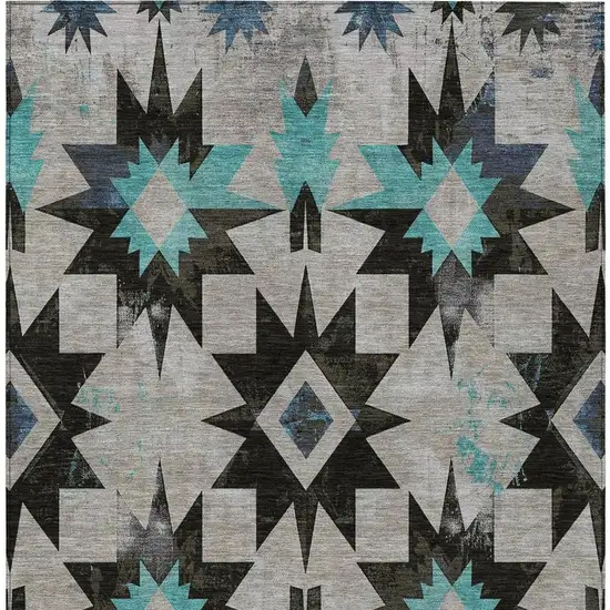 Black And Pale Aqua Aztec Washable Indoor Outdoor Area Rug Photo 4