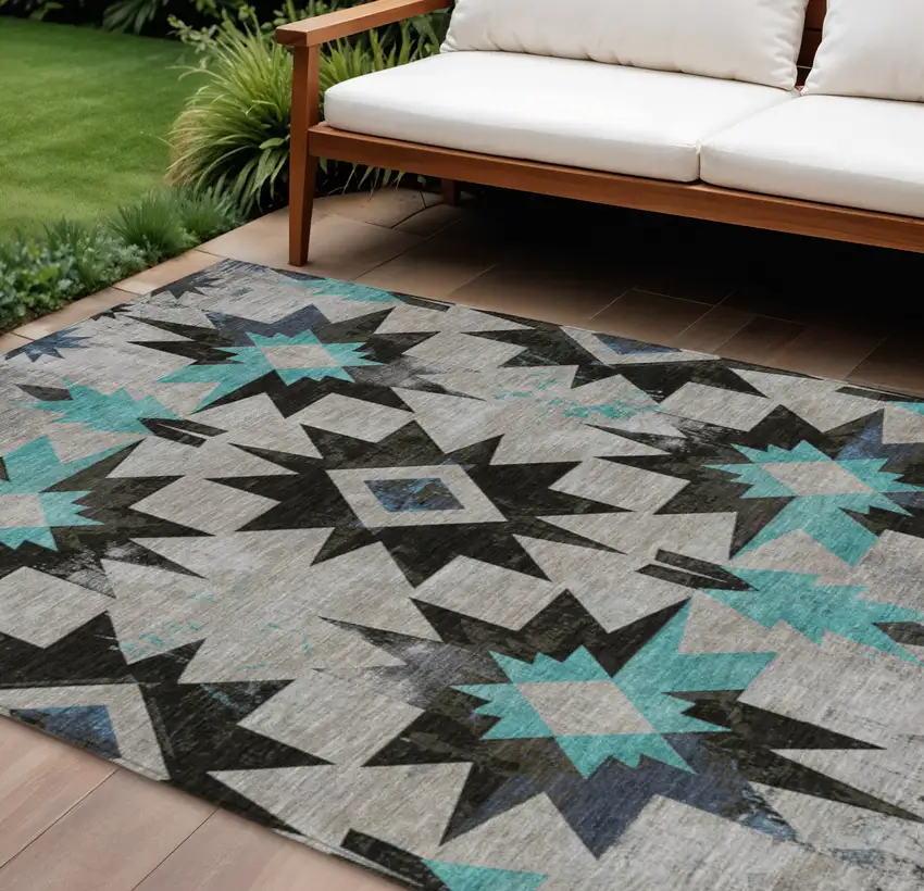 Black And Pale Aqua Aztec Washable Indoor Outdoor Area Rug Photo 2