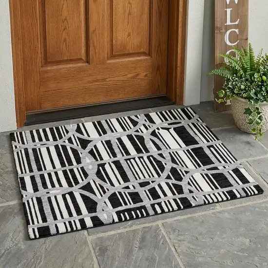 Black And Pewter Geometric Washable Indoor Outdoor Area Rug Photo 1