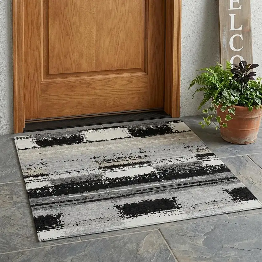 Black And Pewter Geometric Washable Indoor Outdoor Area Rug Photo 1