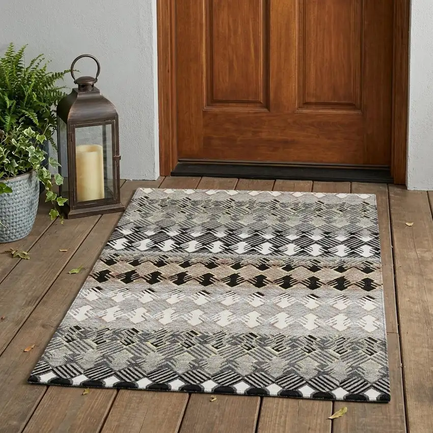 Black And Pewter Striped Washable Indoor Outdoor Area Rug Photo 1