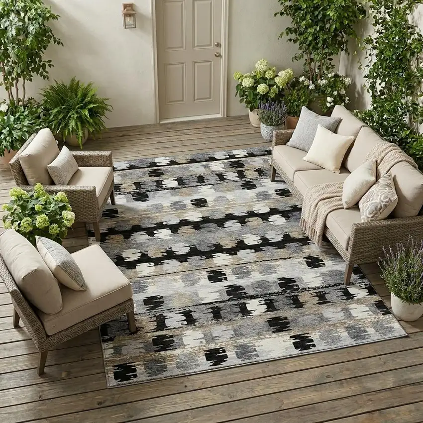 Black And Purple Abstract Washable Indoor Outdoor Area Rug Photo 1