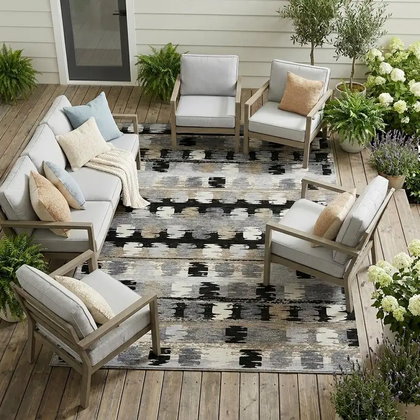 Black And Purple Abstract Washable Indoor Outdoor Area Rug Photo 1