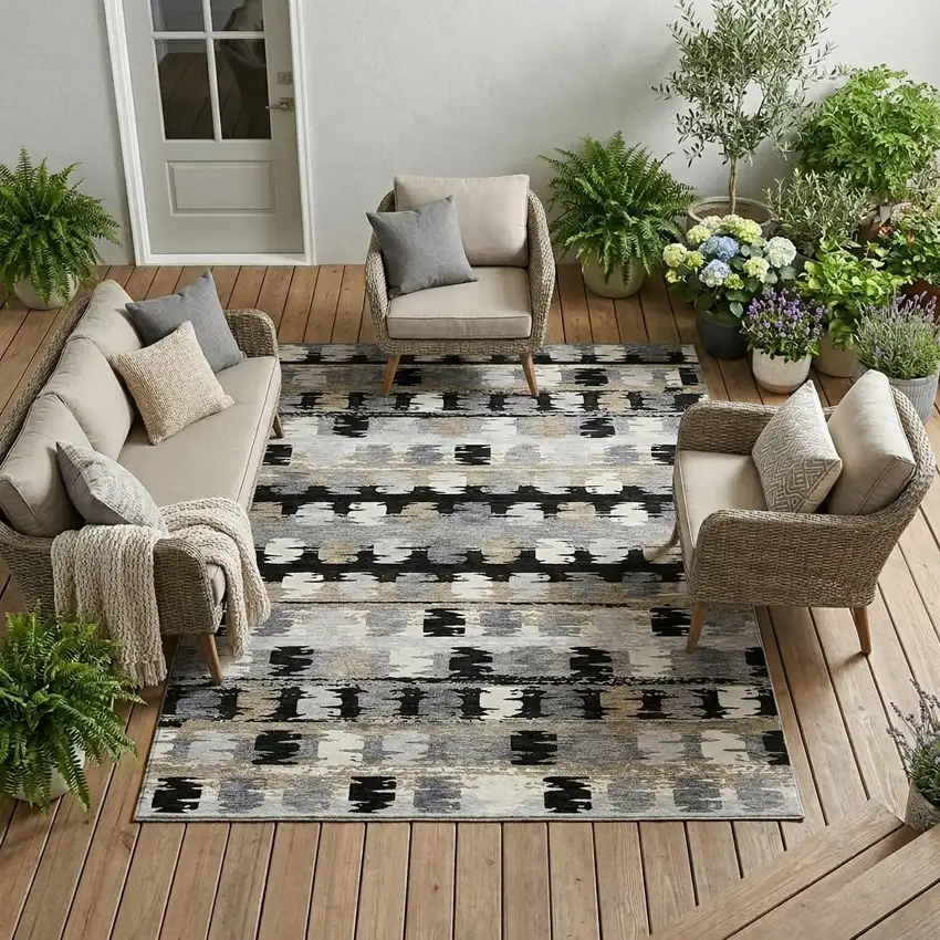 Black And Purple Abstract Washable Indoor Outdoor Area Rug Photo 1