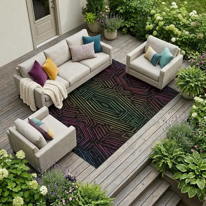 Black And Purple Geometric Washable Indoor Outdoor Area Rug Photo 1