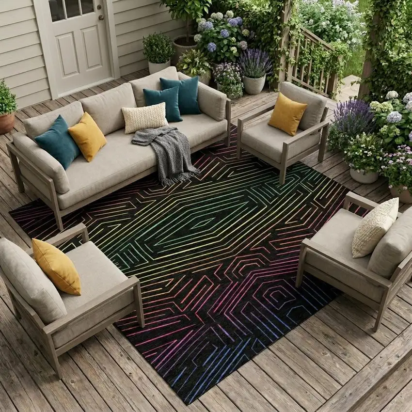 Black And Purple Geometric Washable Indoor Outdoor Area Rug Photo 1