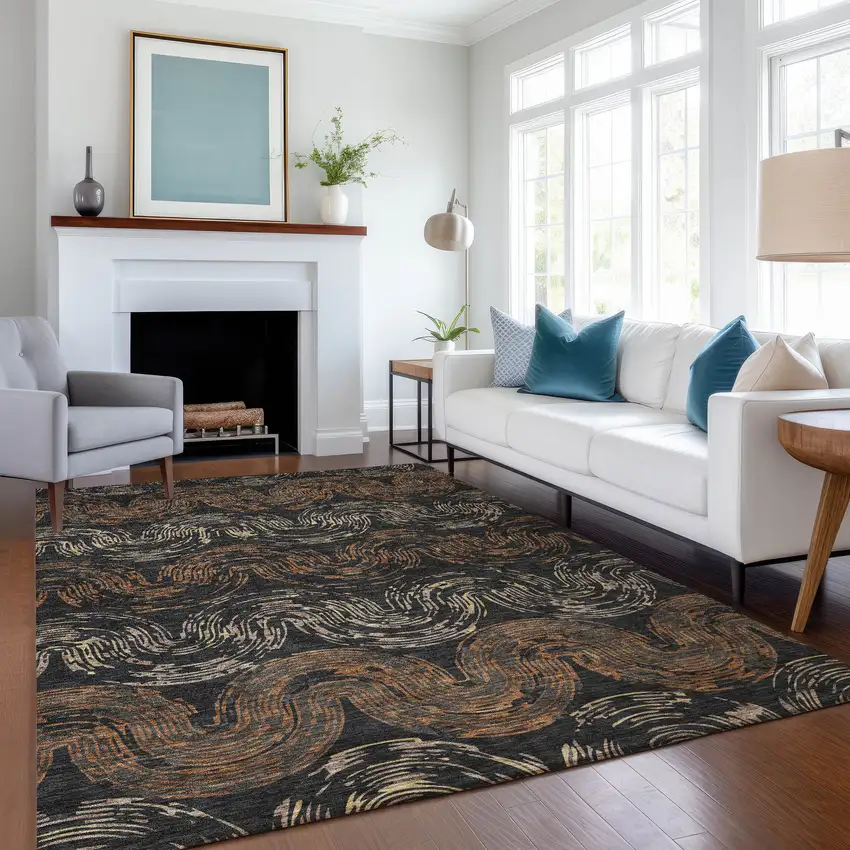 Black And Rust Abstract Washable Indoor Outdoor Area Rug Photo 6