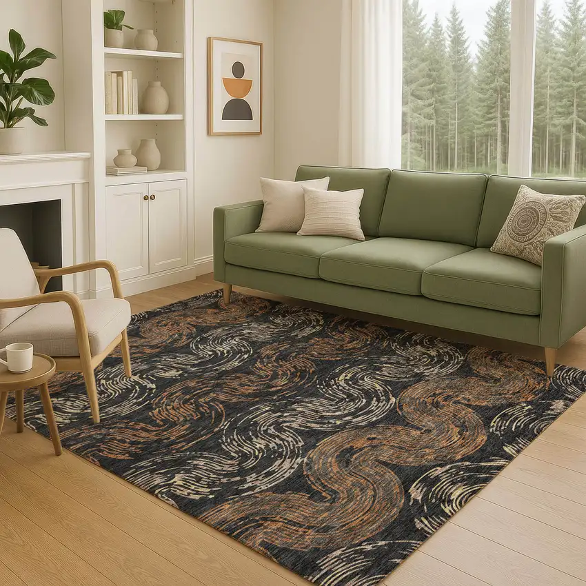 Black And Rust Abstract Washable Indoor Outdoor Area Rug Photo 5