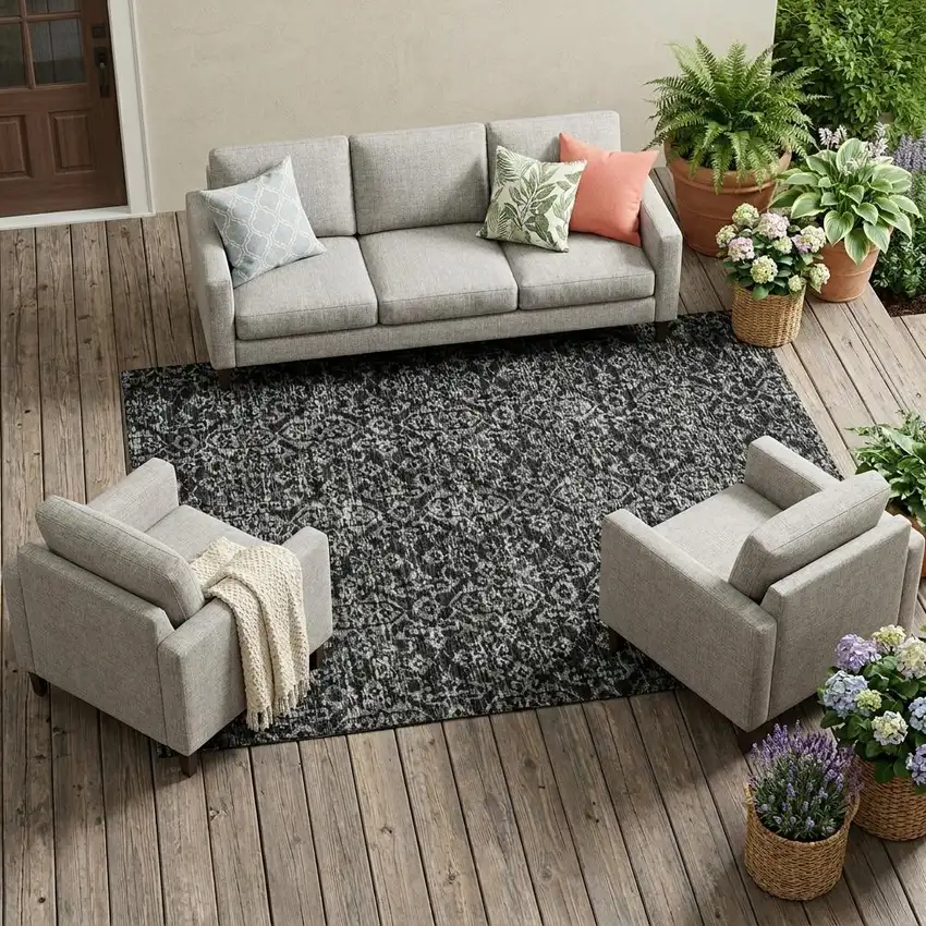 Black And Saffron Oriental Washable Indoor Outdoor Area Rug Photo 1