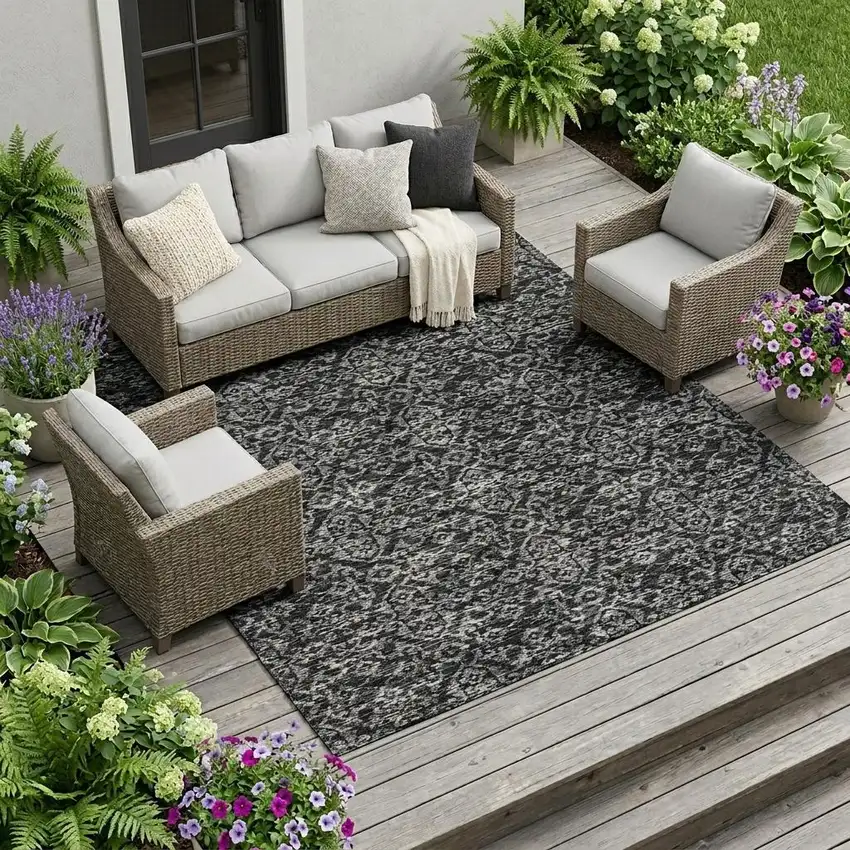 Black And Saffron Oriental Washable Indoor Outdoor Area Rug Photo 1