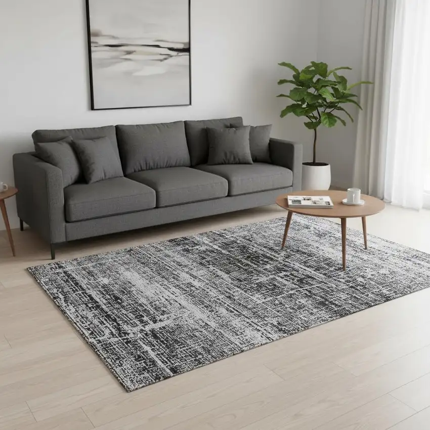 Black And Silver Abstract Washable Area Rug With UV Protection Photo 2