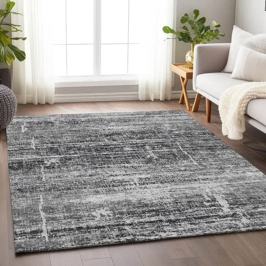 Black And Silver Abstract Washable Area Rug With UV Protection Photo 4