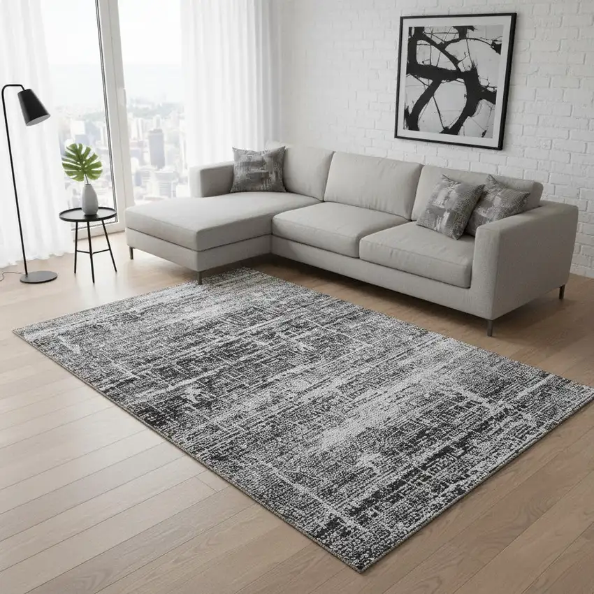 Black And Silver Abstract Washable Area Rug With UV Protection Photo 2