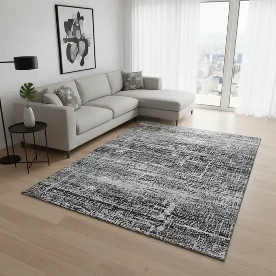 Black And Silver Abstract Washable Area Rug With UV Protection Photo 2
