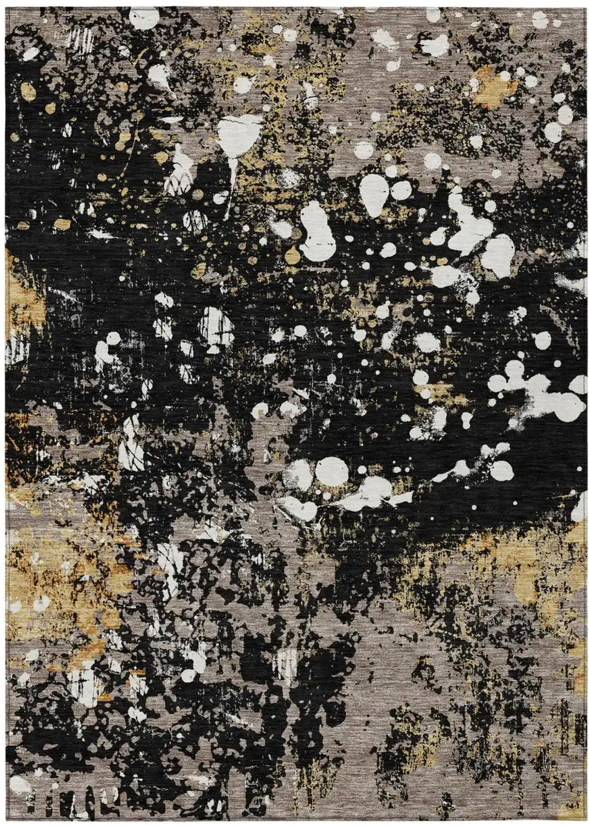 Black And Silver Abstract Washable Indoor Outdoor Area Rug Photo 2