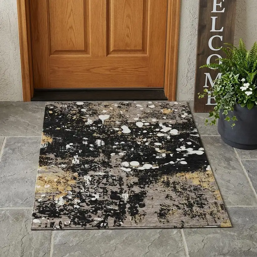 Black And Silver Abstract Washable Indoor Outdoor Area Rug Photo 1