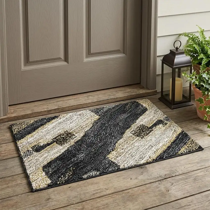 Black And Silver Abstract Washable Indoor Outdoor Area Rug Photo 1