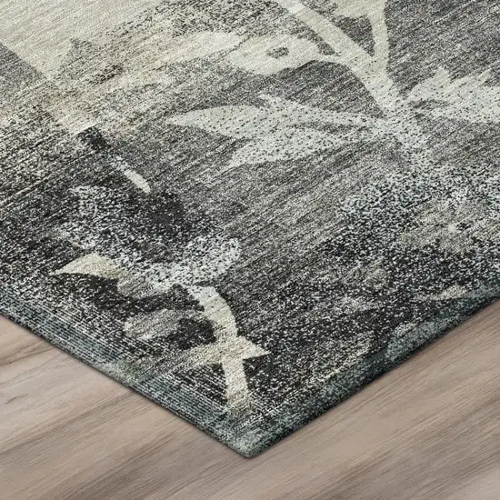 Black And Silver Botanical Leaves Washable Indoor Outdoor Area Rug Photo 4
