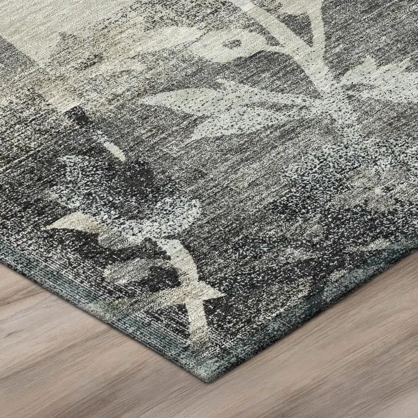 Black And Silver Botanical Leaves Washable Indoor Outdoor Area Rug Photo 4
