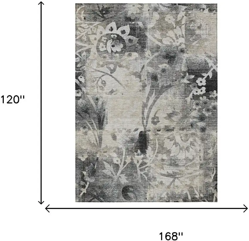 Black And Silver Botanical Leaves Washable Indoor Outdoor Area Rug Photo 6