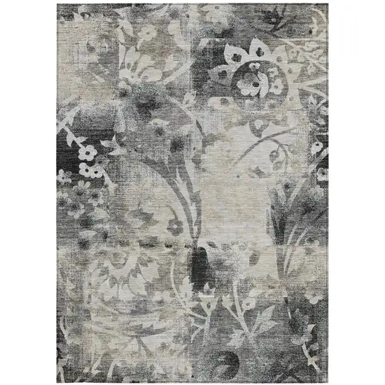 Black And Silver Botanical Leaves Washable Indoor Outdoor Area Rug Photo 3