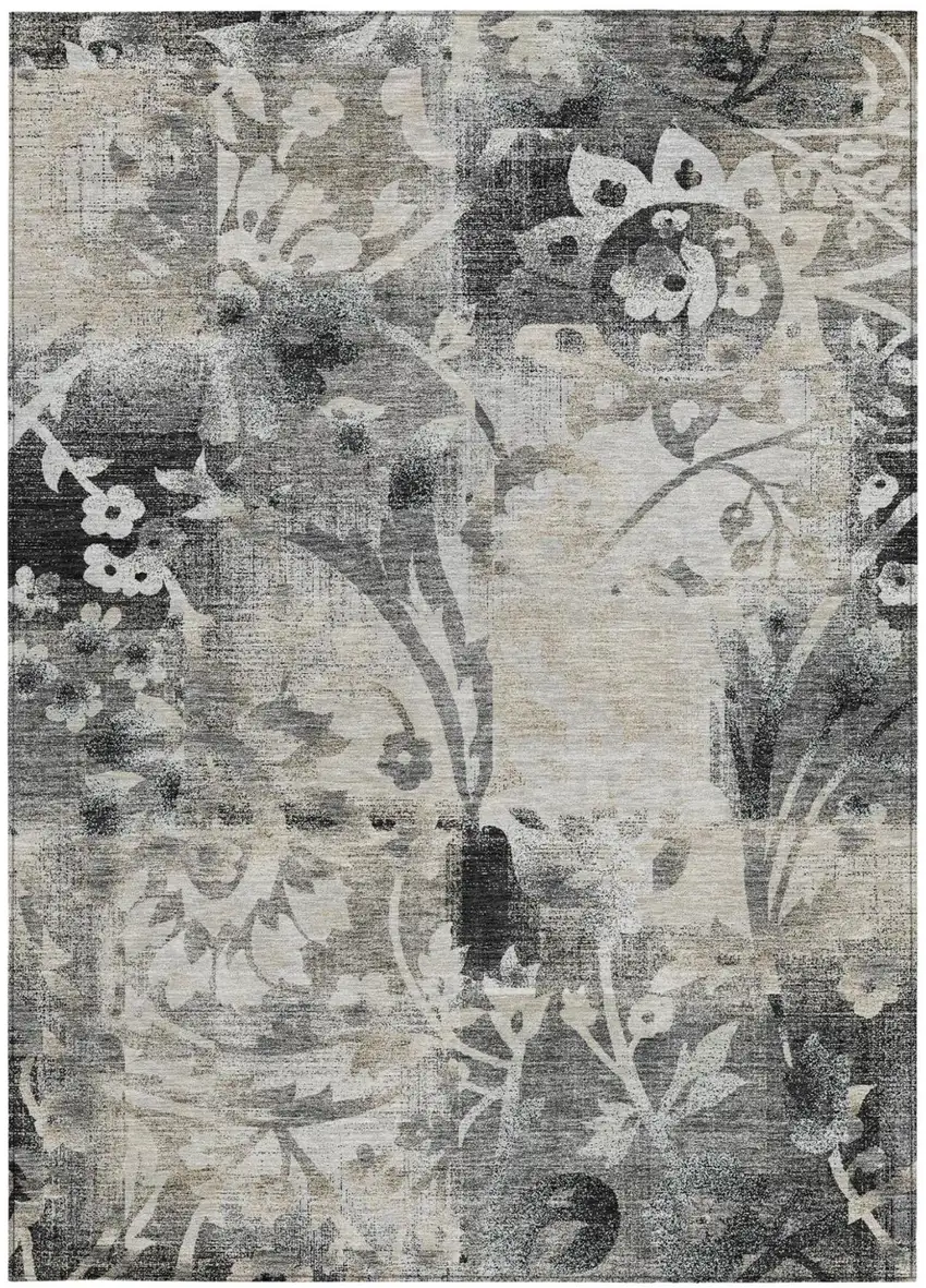 Black And Silver Botanical Leaves Washable Indoor Outdoor Area Rug Photo 3