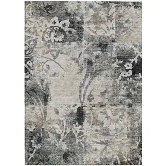 Black And Silver Botanical Leaves Washable Indoor Outdoor Area Rug Photo 2