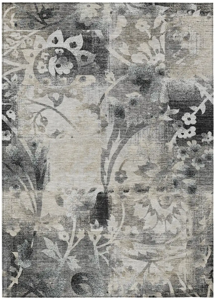 Black And Silver Botanical Leaves Washable Indoor Outdoor Area Rug Photo 2