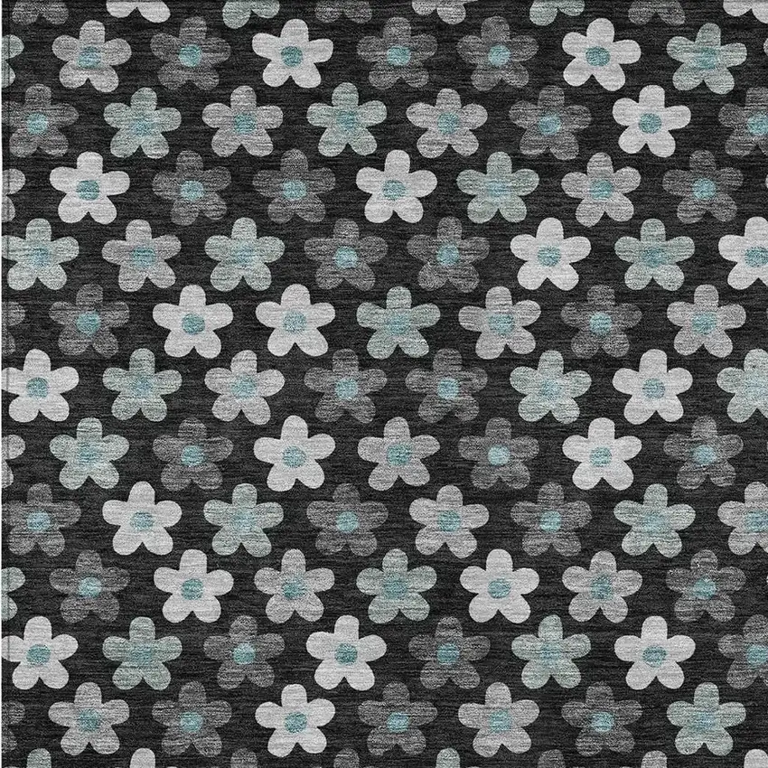 Black And Silver Floral Washable Indoor Outdoor Area Rug Photo 3