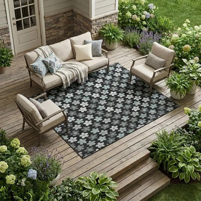 Black And Silver Floral Washable Indoor Outdoor Area Rug Photo 1