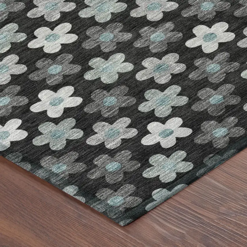 Black And Silver Floral Washable Indoor Outdoor Area Rug Photo 5