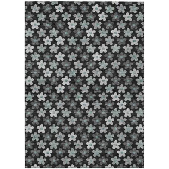 Black And Silver Floral Washable Indoor Outdoor Area Rug Photo 2