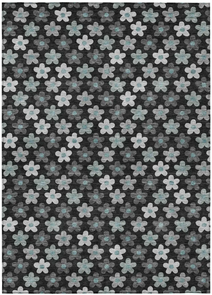 Black And Silver Floral Washable Indoor Outdoor Area Rug Photo 2