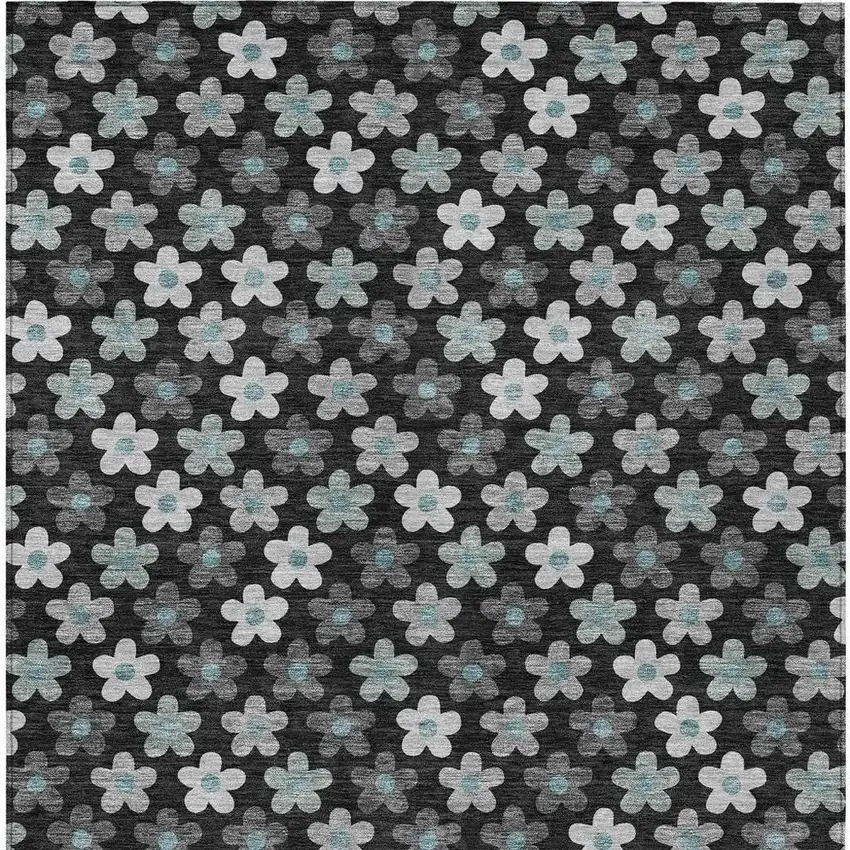 Black And Silver Floral Washable Indoor Outdoor Area Rug Photo 4