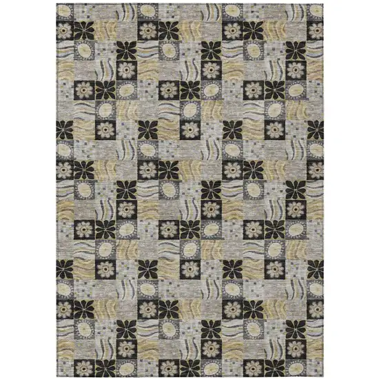 Black And Silver Floral Washable Indoor Outdoor Area Rug Photo 2