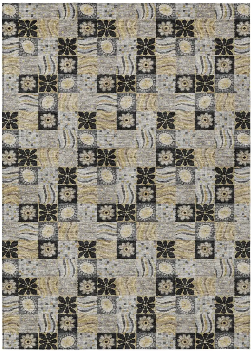 Black And Silver Floral Washable Indoor Outdoor Area Rug Photo 2