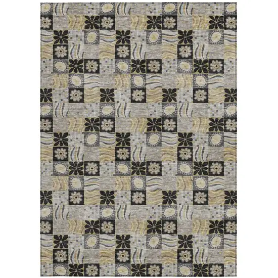 Black And Silver Floral Washable Indoor Outdoor Area Rug Photo 3